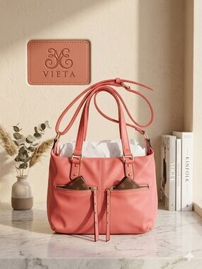 Vieta Coral Pink Crossbody Bag Gold Hardware Studded Vegan Leather Satchel